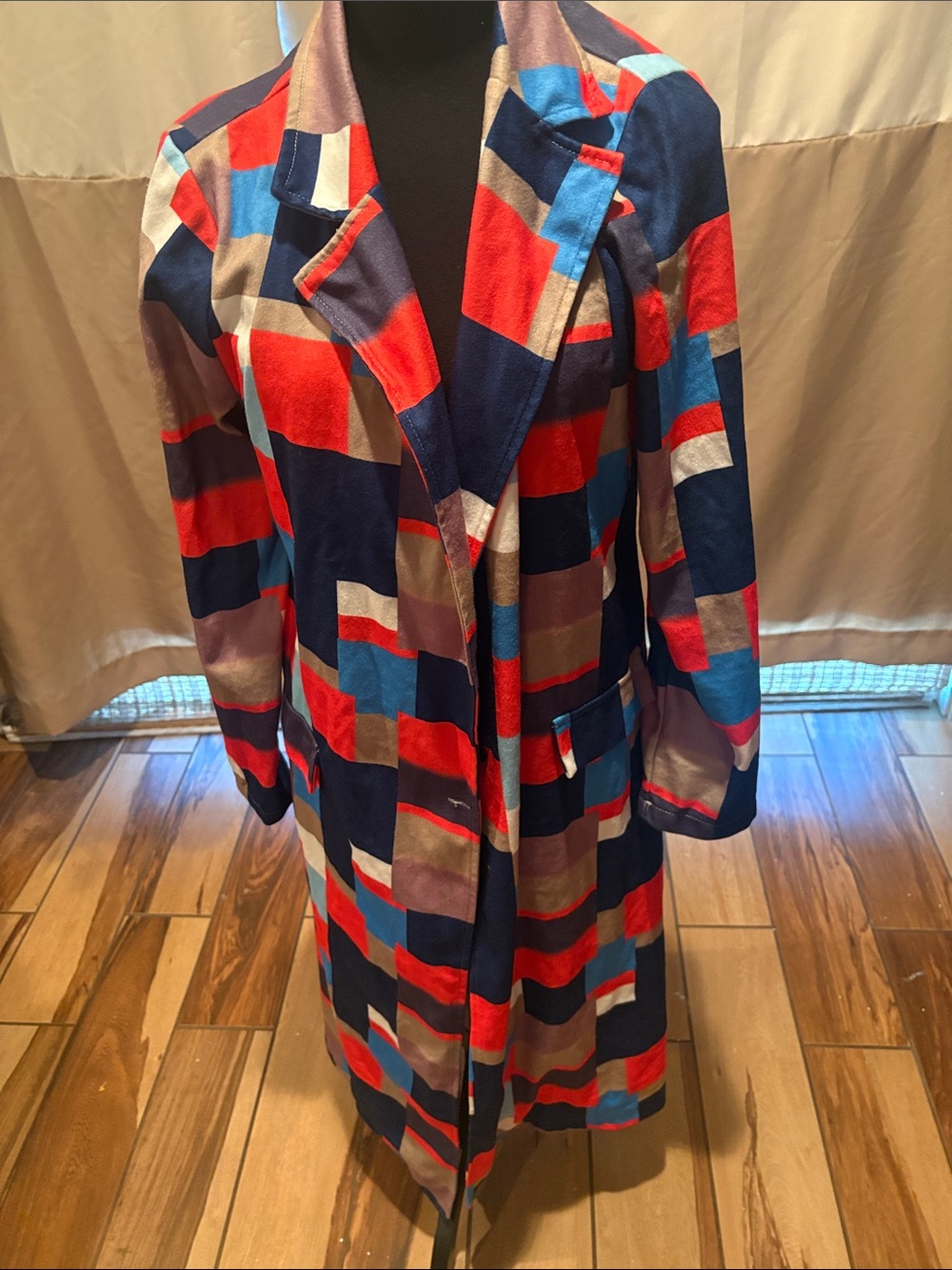 Women's Multicolor Checker Trench Coat - Navy, Red & Blue